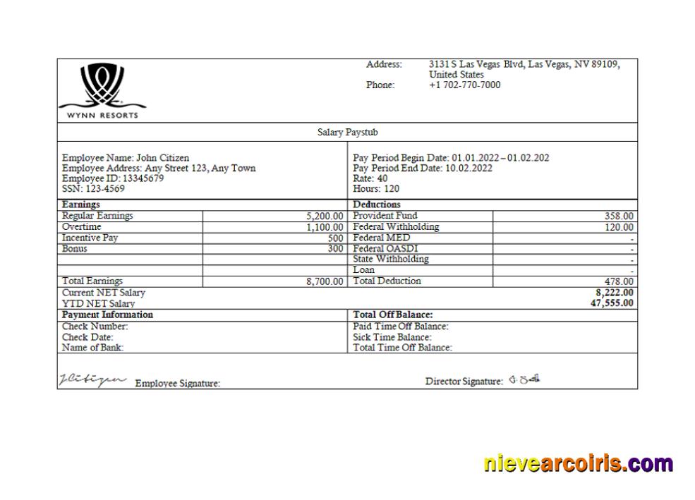 USA Wynn Resorts hospitality company pay stub